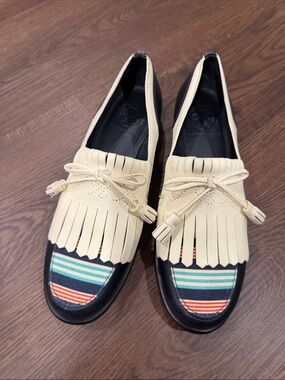 Tory Burch Cream Fringe Tassel Loafers with Navy & Multicolor Stripe